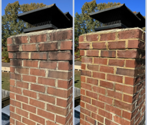 An image of a chimney before and after a pressure washing service.