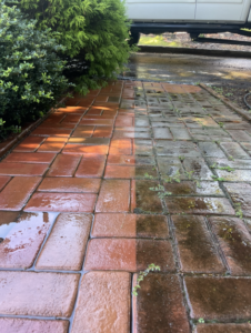 Sidewalk pressure washing in process.