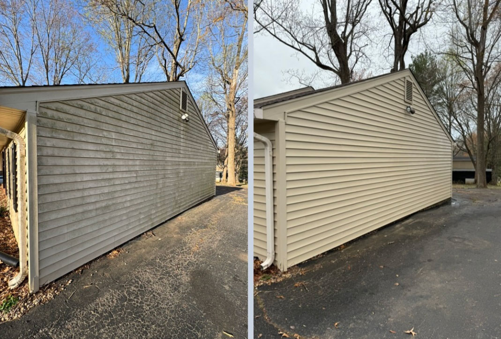 A before and after of a house before pressure washing