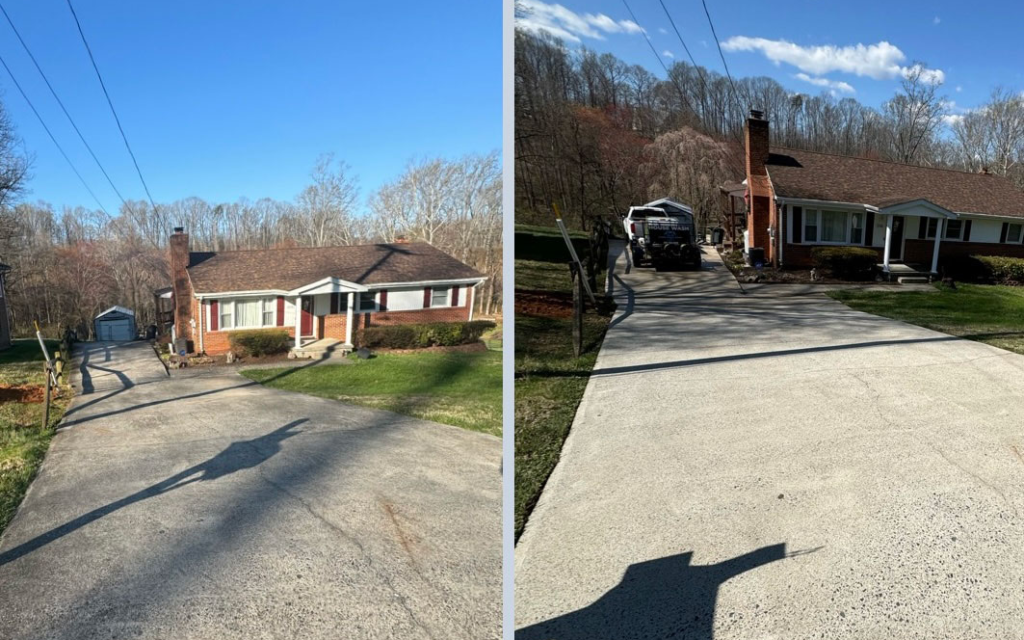 A before and after of a driveway after getting a pressure wash