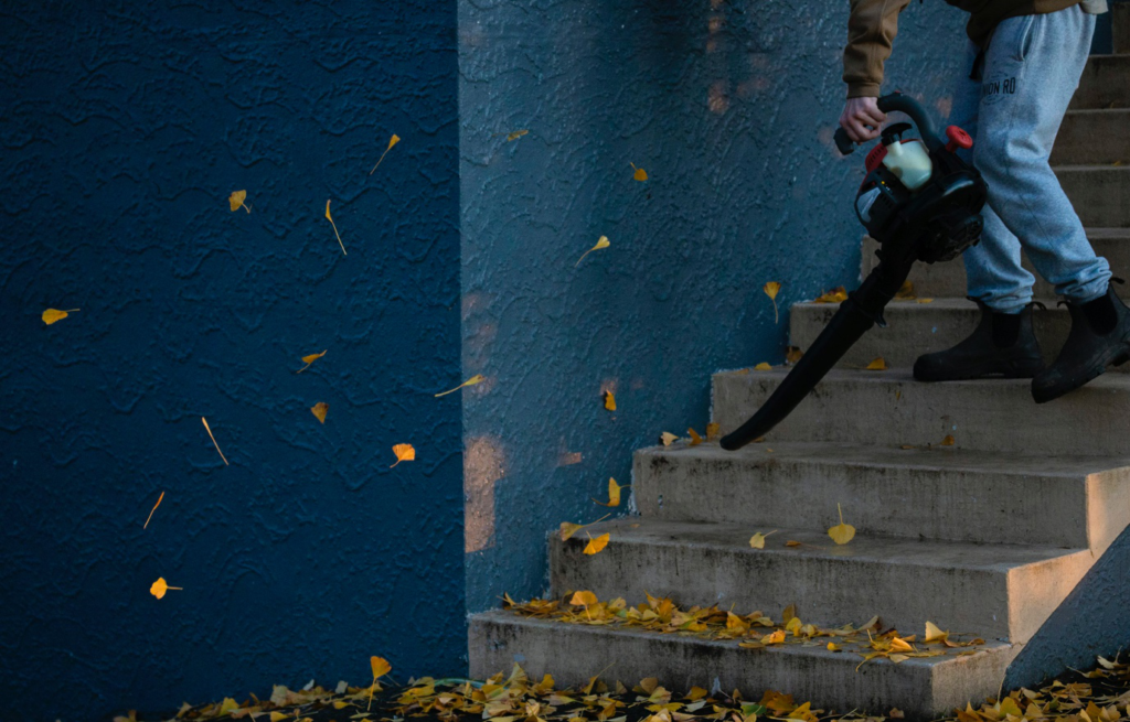 a leaf blower blowing leaves
